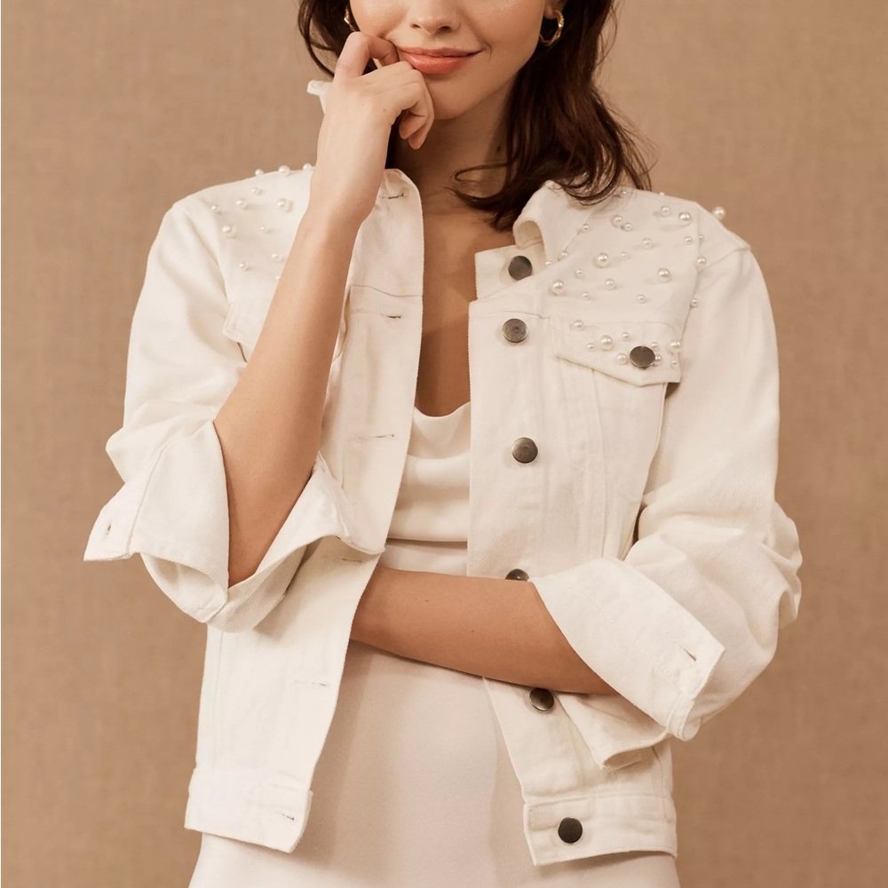 Untamed Petals by Amanda Judge Bridal Jean Jacket – White Denim Pearls “Mrs”